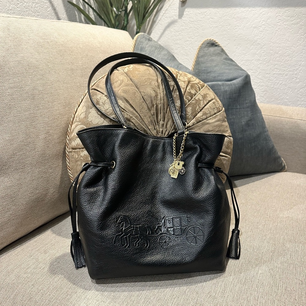 Coach Andy Leather Horse and Carriage Embossed Tote Shoulder Bag Black CA200